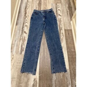 PrettyLittleThing Blue Denim Jeans Raw Hem High Waist Straight Leg Size 4‎
